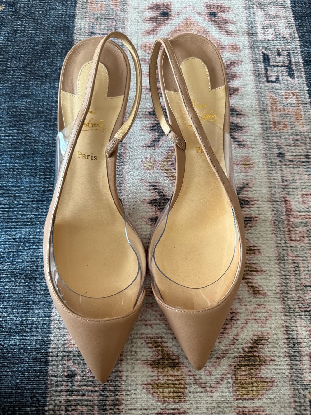Christian Louboutin Nude Pointed Toe Slingback Pumps with Clear Panels
